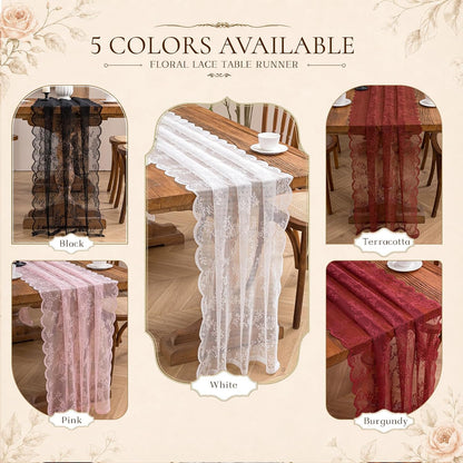 Pink Lace Table Runner with Floral Embroidered (1pcs, 28”x118”)