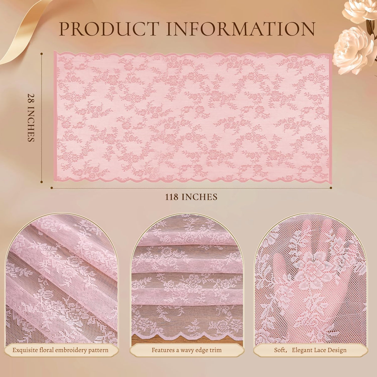 Pink Lace Table Runner with Floral Embroidered (1pcs, 28”x118”)