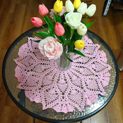 Lace Tablecloth Doily Handmade Crochet Placemat Women Vase Mat Kitchen Table Runner (1PC- 18 in to 20 in, Pink)