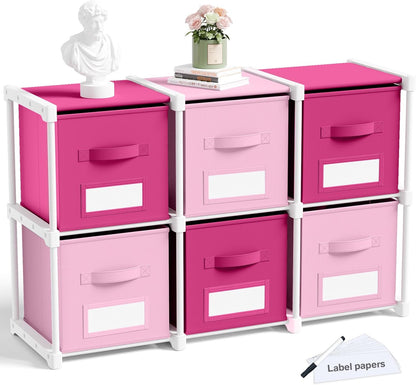 6 Pink Cube Storage Organizer with Fabric Bins and Labels, 11 Inch Collapsible Toy Organizer Shelf Storage Bins Dresser Drawer for Girls Bedroom Nursery Playroom Room Decor