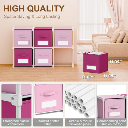 6 Pink Cube Storage Organizer with Fabric Bins and Labels, 11 Inch Collapsible Toy Organizer Shelf Storage Bins Dresser Drawer for Girls Bedroom Nursery Playroom Room Decor
