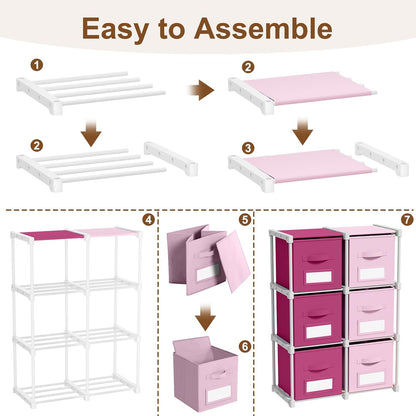 6 Pink Cube Storage Organizer with Fabric Bins and Labels, 11 Inch Collapsible Toy Organizer Shelf Storage Bins Dresser Drawer for Girls Bedroom Nursery Playroom Room Decor