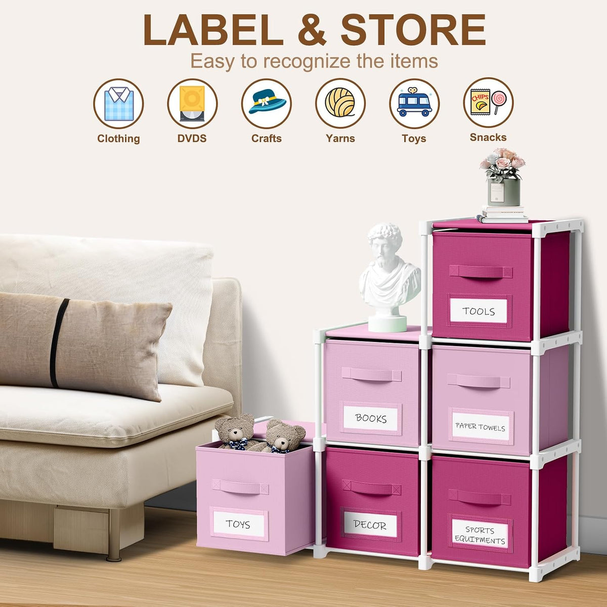 6 Pink Cube Storage Organizer with Fabric Bins and Labels, 11 Inch Collapsible Toy Organizer Shelf Storage Bins Dresser Drawer for Girls Bedroom Nursery Playroom Room Decor