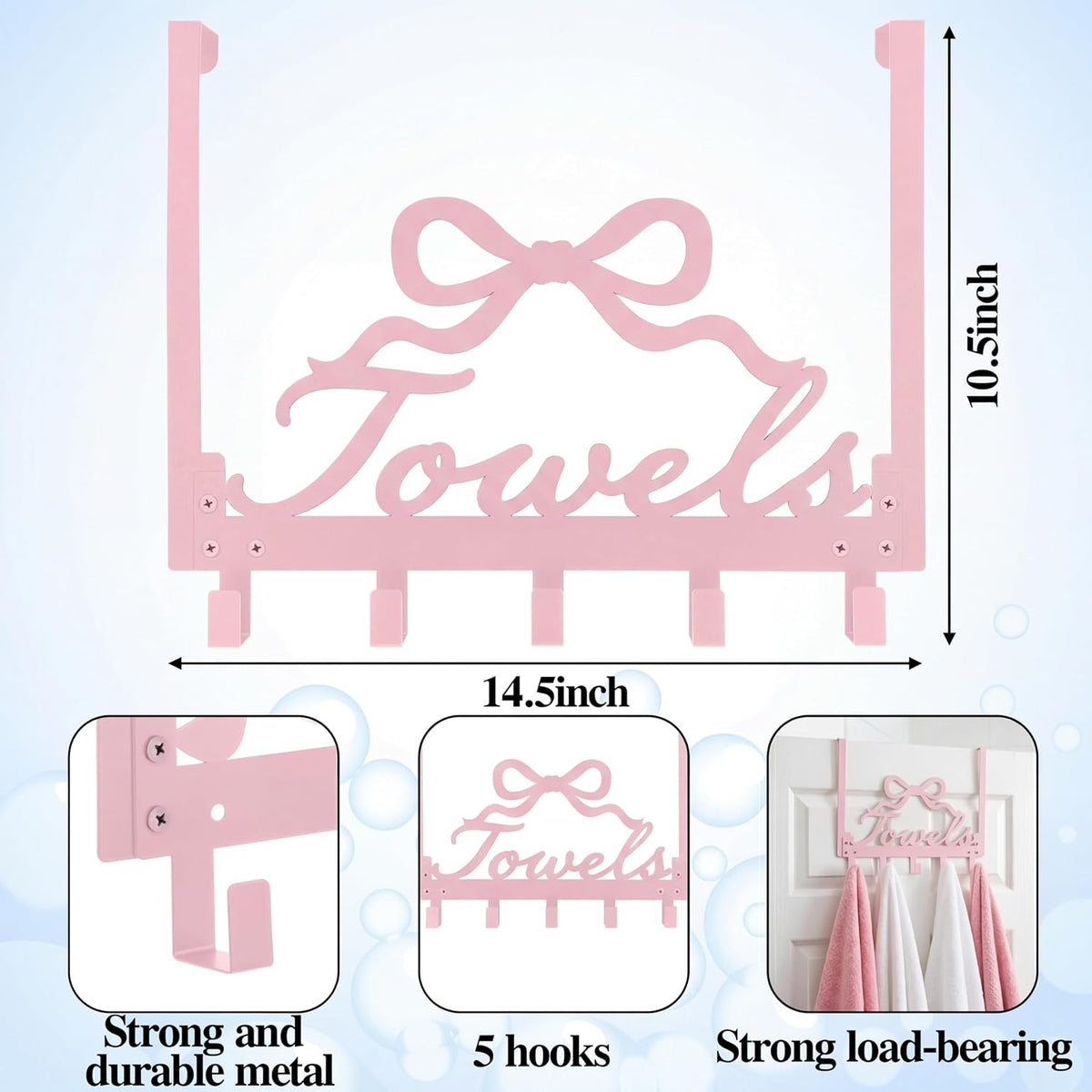 Sweet Pink Bow Over the Door Hooks Towel Hooks Heavy Duty Hanging Towel Rack Over Door Hanger, 5 Coat Hanger for Bedroom Bathroom Kitchen