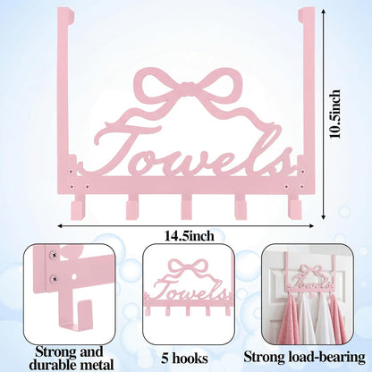 Sweet Pink Bow Over the Door Hooks Towel Hooks Heavy Duty Hanging Towel Rack Over Door Hanger, 5 Coat Hanger for Bedroom Bathroom Kitchen