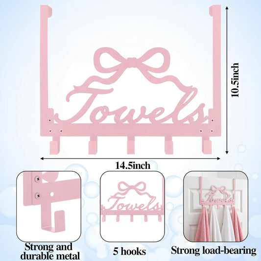 Sweet Pink Bow Over the Door Hooks Towel Hooks Heavy Duty Hanging Towel Rack Over Door Hanger, 5 Coat Hanger for Bedroom Bathroom Kitchen