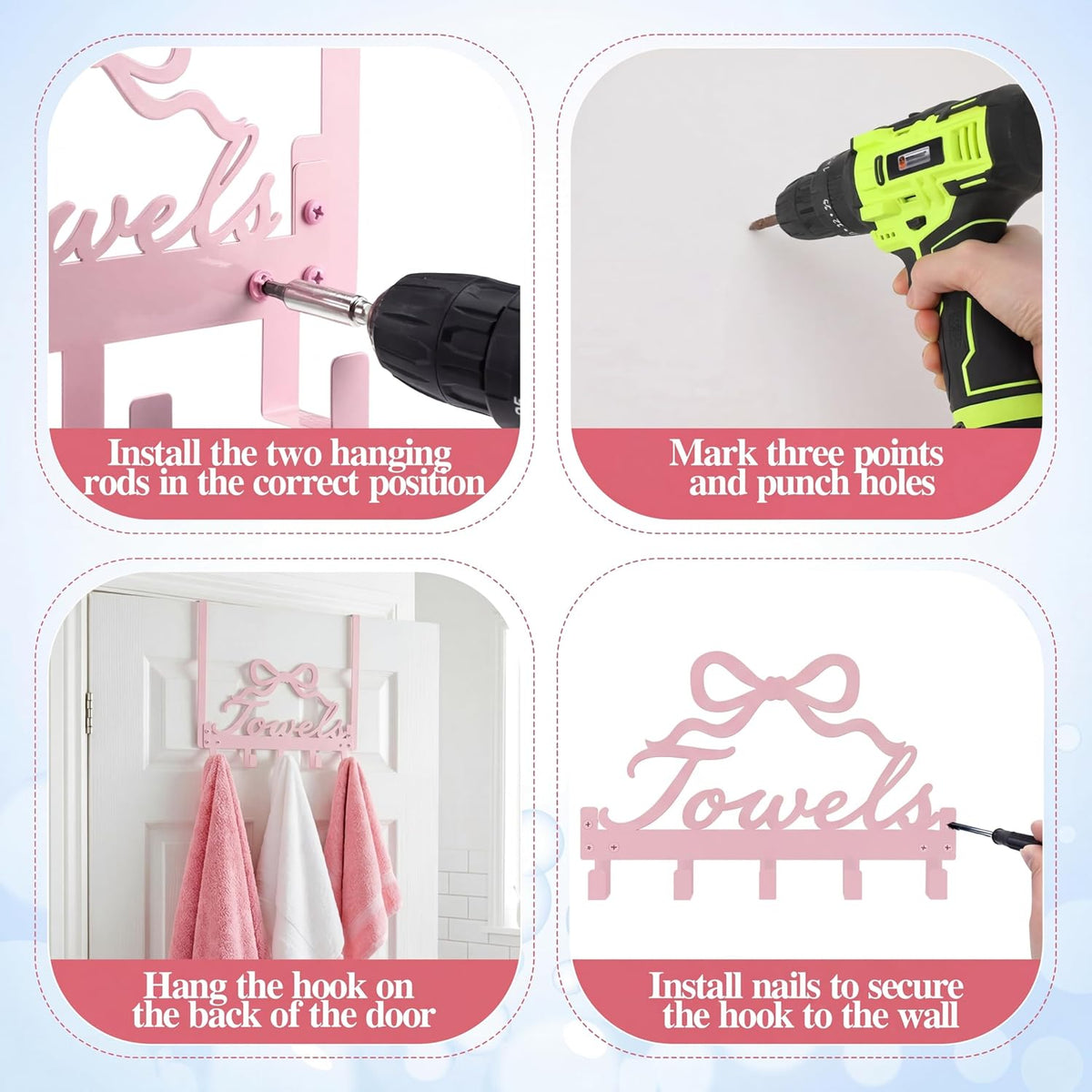 Sweet Pink Bow Over the Door Hooks Towel Hooks Heavy Duty Hanging Towel Rack Over Door Hanger, 5 Coat Hanger for Bedroom Bathroom Kitchen