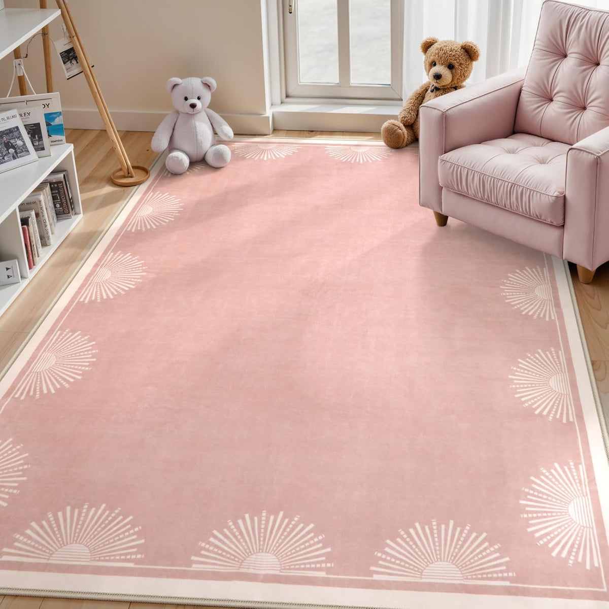 Modern 5x7 Pink Area Rugs for Bedroom Girls, Ultra Thin Washable Nursery Rug for Kids Room, Soft Sun Print Toddler Room Rug,Boho Non Shedding Baby Carpets for Classroom Dorm Girls Decor