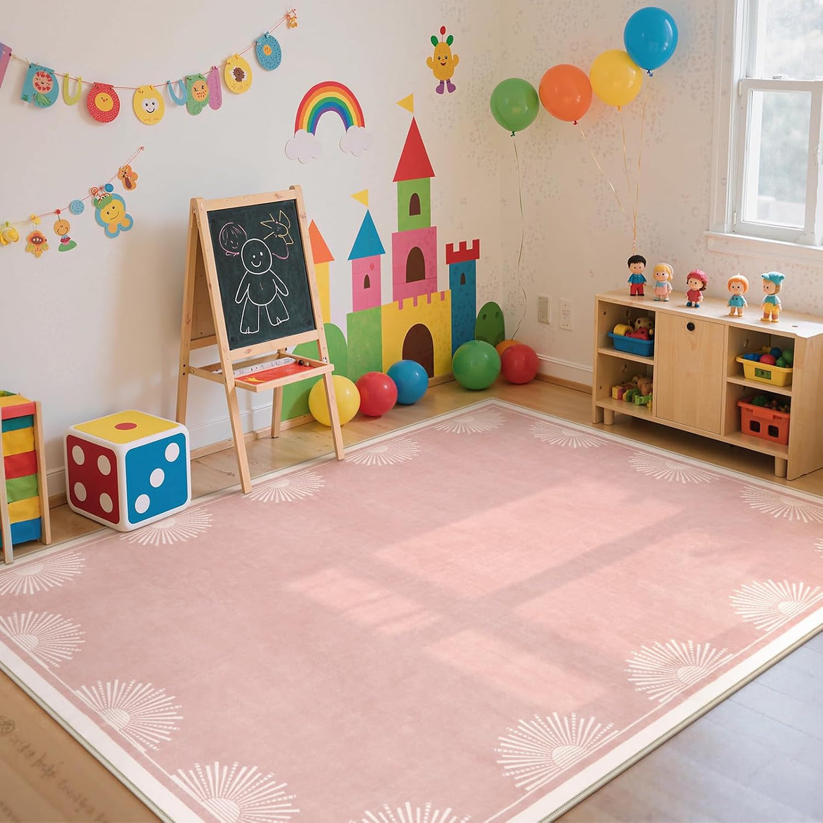 Modern 5x7 Pink Area Rugs for Bedroom Girls, Ultra Thin Washable Nursery Rug for Kids Room, Soft Sun Print Toddler Room Rug,Boho Non Shedding Baby Carpets for Classroom Dorm Girls Decor