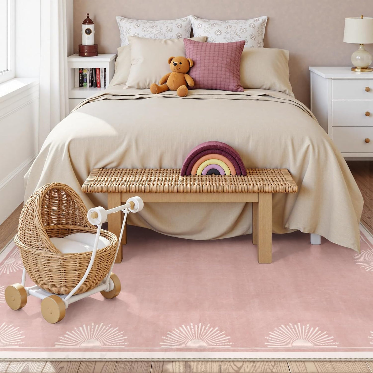 Modern 5x7 Pink Area Rugs for Bedroom Girls, Ultra Thin Washable Nursery Rug for Kids Room, Soft Sun Print Toddler Room Rug,Boho Non Shedding Baby Carpets for Classroom Dorm Girls Decor