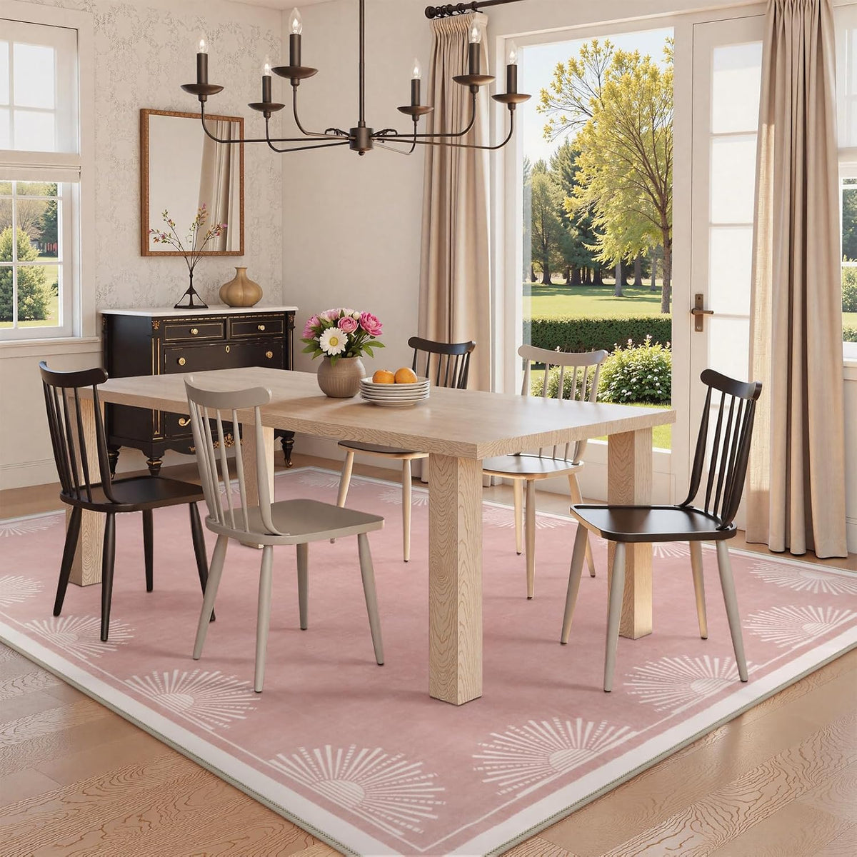 Modern 5x7 Pink Area Rugs for Bedroom Girls, Ultra Thin Washable Nursery Rug for Kids Room, Soft Sun Print Toddler Room Rug,Boho Non Shedding Baby Carpets for Classroom Dorm Girls Decor