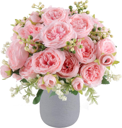 Pusuny Artificial Peonies Silk Flowers, 4 Bundles Faux Peony Bouquet Florals Arrangements for Farmhouse Home Boho Wedding Table Centerpiece, Fake Plastic Flower Bulk for Vase Decoration (Light Pink)