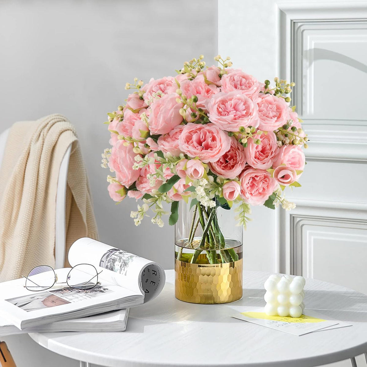 Pusuny Artificial Peonies Silk Flowers, 4 Bundles Faux Peony Bouquet Florals Arrangements for Farmhouse Home Boho Wedding Table Centerpiece, Fake Plastic Flower Bulk for Vase Decoration (Light Pink)