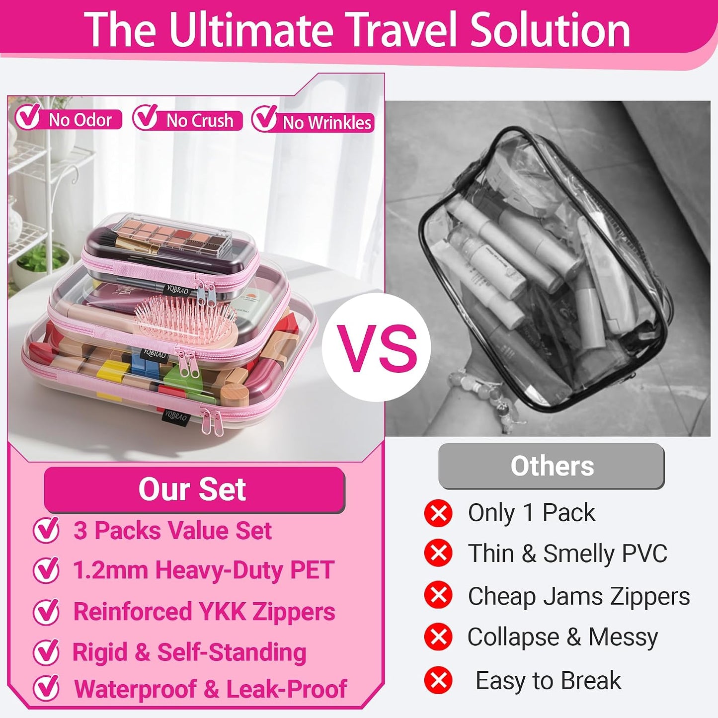 Clear Hard Shell Organizer Case Set, 3-Pack, Pink