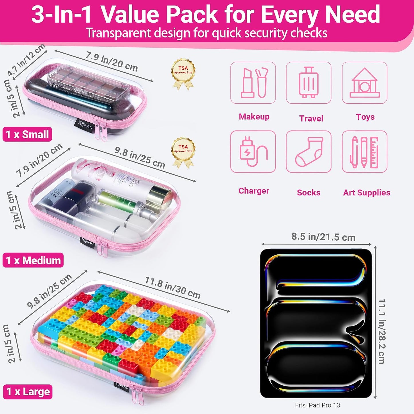 Clear Hard Shell Organizer Case Set, 3-Pack, Pink