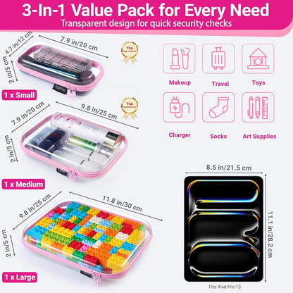 Clear Hard Shell Organizer Case Set, 3-Pack, Pink