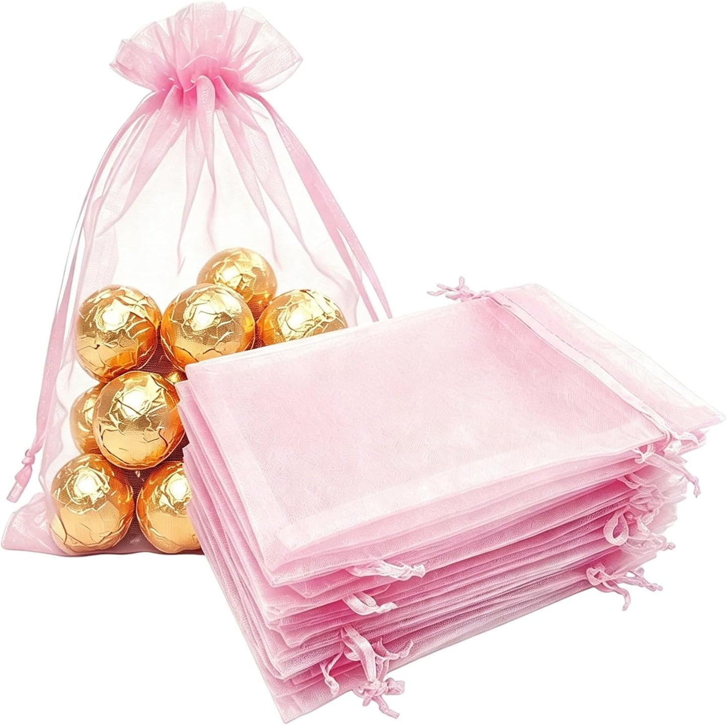 TICBRY 100 Count Organza Gift Bags with Drawstring 5x7 inch Pink for Baby Shower,Christmas,Wedding,Party Favors,Birthday,Bridal Shower,Xmas,Sheer Fabric Tulle Mesh Sachet for Candy,Jewelry,Bath Bombs