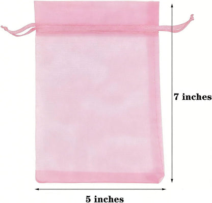 TICBRY 100 Count Organza Gift Bags with Drawstring 5x7 inch Pink for Baby Shower,Christmas,Wedding,Party Favors,Birthday,Bridal Shower,Xmas,Sheer Fabric Tulle Mesh Sachet for Candy,Jewelry,Bath Bombs