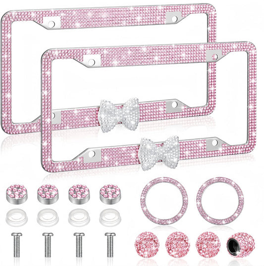 8 Pcs Car Pink,White Bling Accessories with Bow Frames