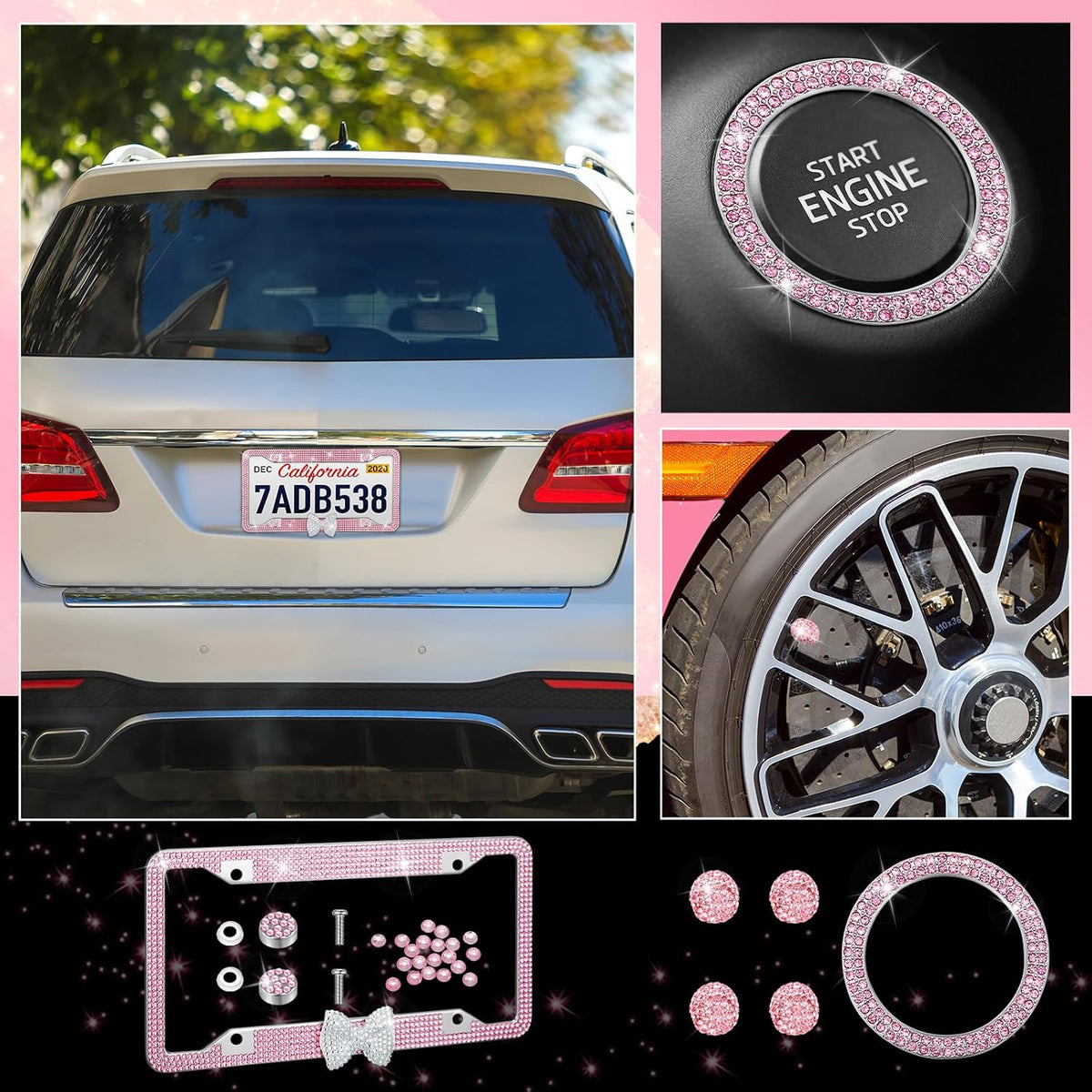 8 Pcs Car Pink,White Bling Accessories with Bow Frames