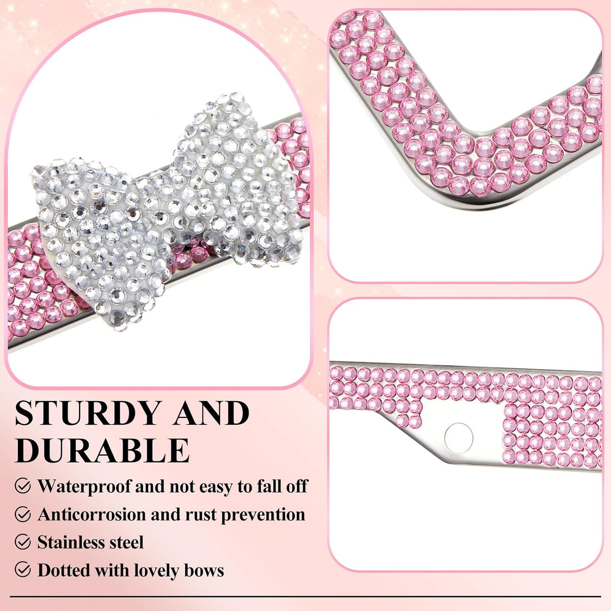 8 Pcs Car Pink,White Bling Accessories with Bow Frames