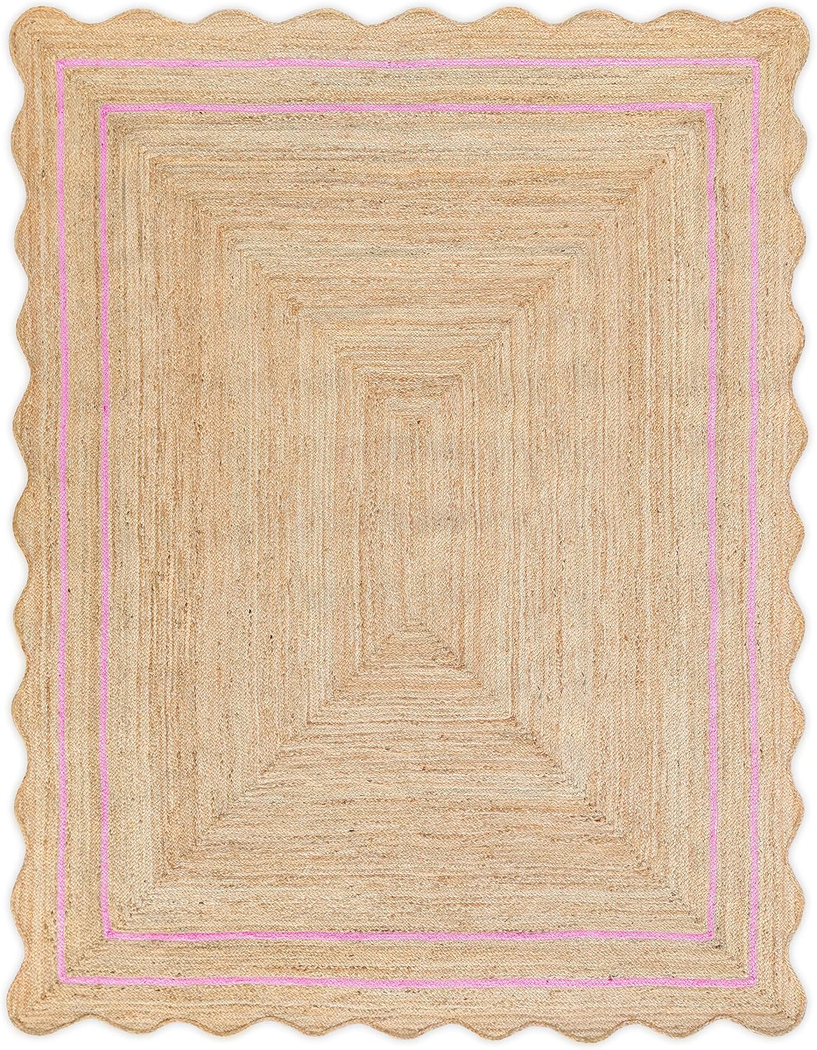 Wave Scalloped Natural Jute Rug - Boho Entryway Runner, Farmhouse Scallop, Light Pink (8'x10')