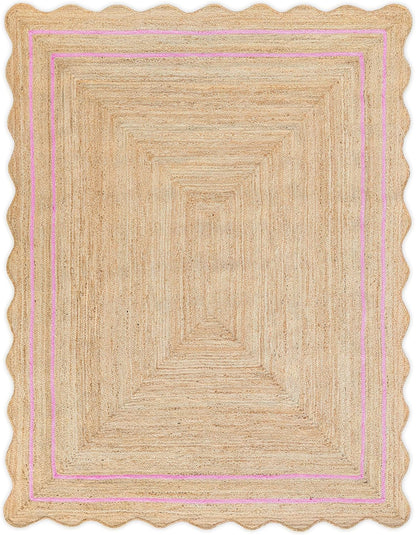Wave Scalloped Natural Jute Rug - Boho Entryway Runner, Farmhouse Scallop, Light Pink (8'x10')