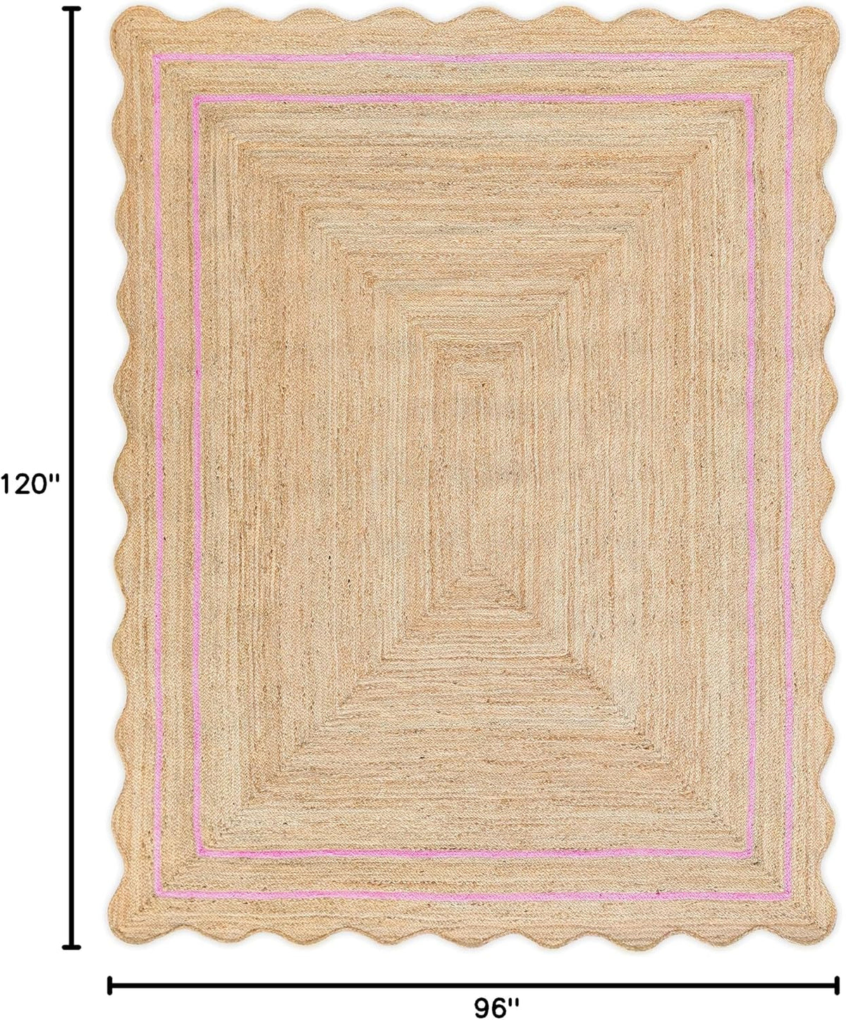Wave Scalloped Natural Jute Rug - Boho Entryway Runner, Farmhouse Scallop, Light Pink (8'x10')