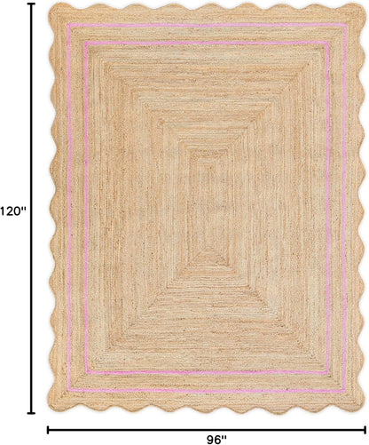 Wave Scalloped Natural Jute Rug - Boho Entryway Runner, Farmhouse Scallop, Light Pink (8'x10')
