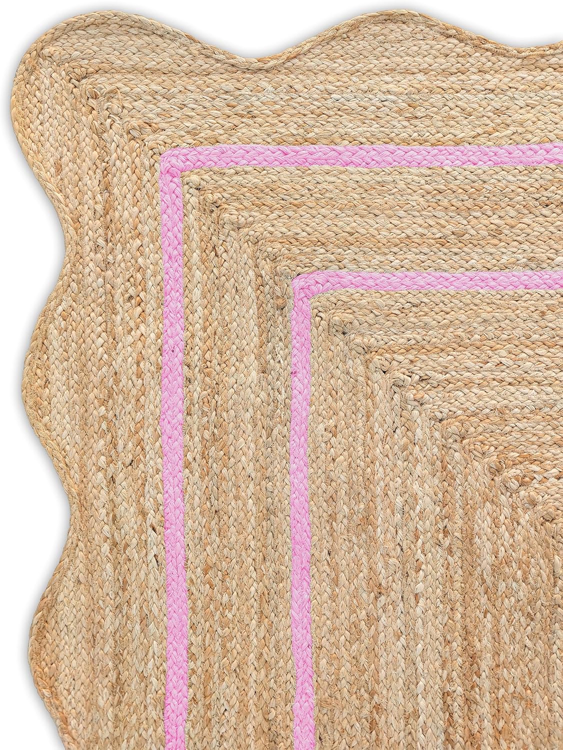 Wave Scalloped Natural Jute Rug - Boho Entryway Runner, Farmhouse Scallop, Light Pink (8'x10')