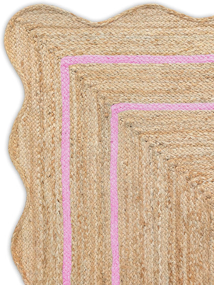 Wave Scalloped Natural Jute Rug - Boho Entryway Runner, Farmhouse Scallop, Light Pink (8'x10')