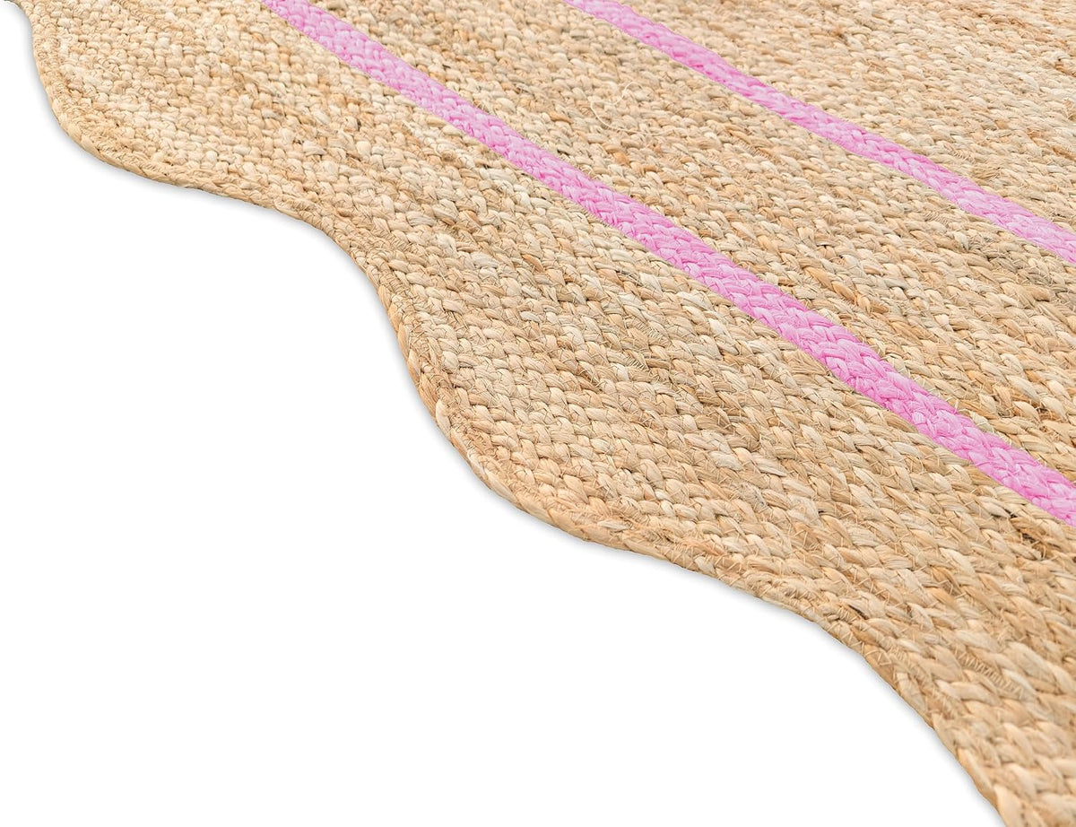 Wave Scalloped Natural Jute Rug - Boho Entryway Runner, Farmhouse Scallop, Light Pink (8'x10')