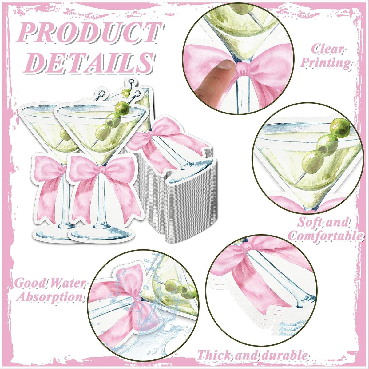 50PCS Martini Bow Napkins，Pink Martini Party Decorations