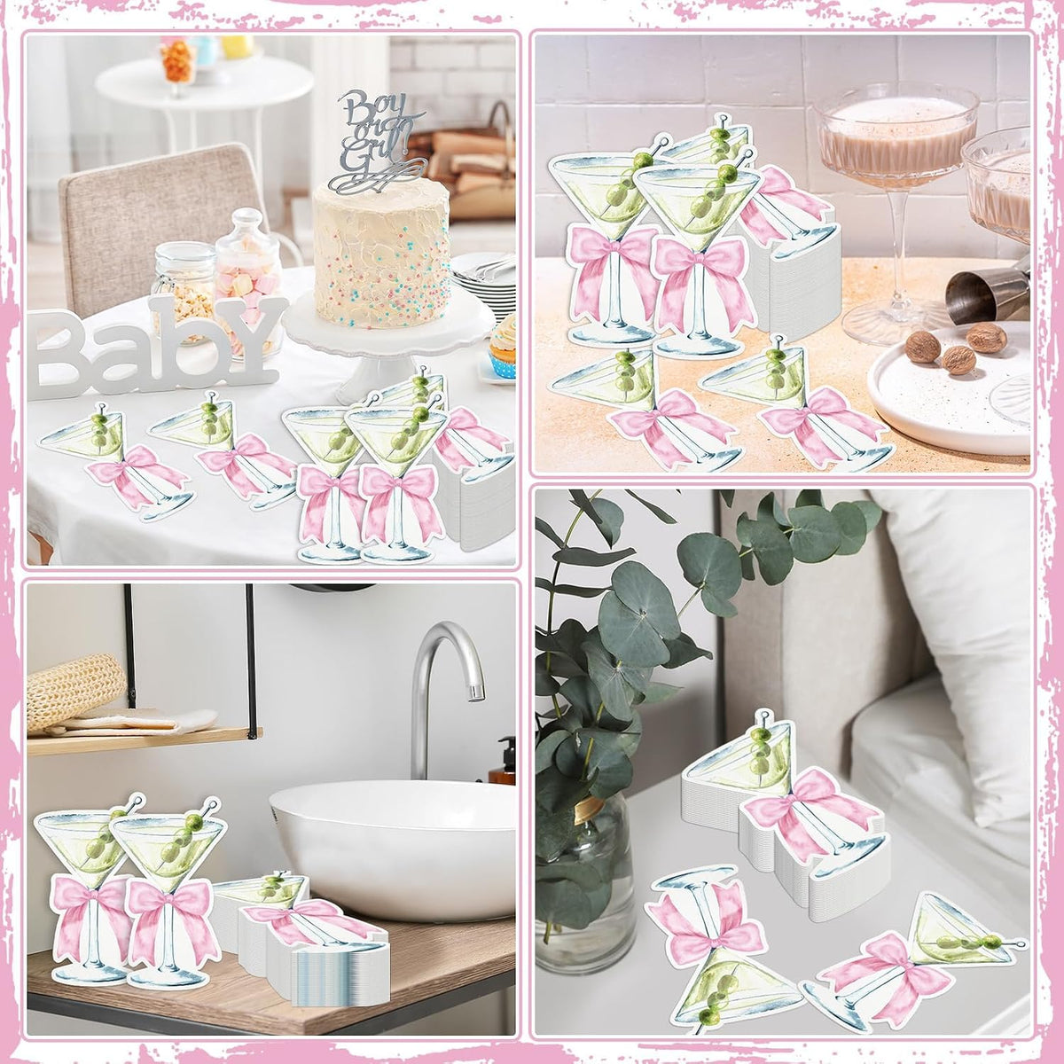 50PCS Martini Bow Napkins，Pink Martini Party Decorations