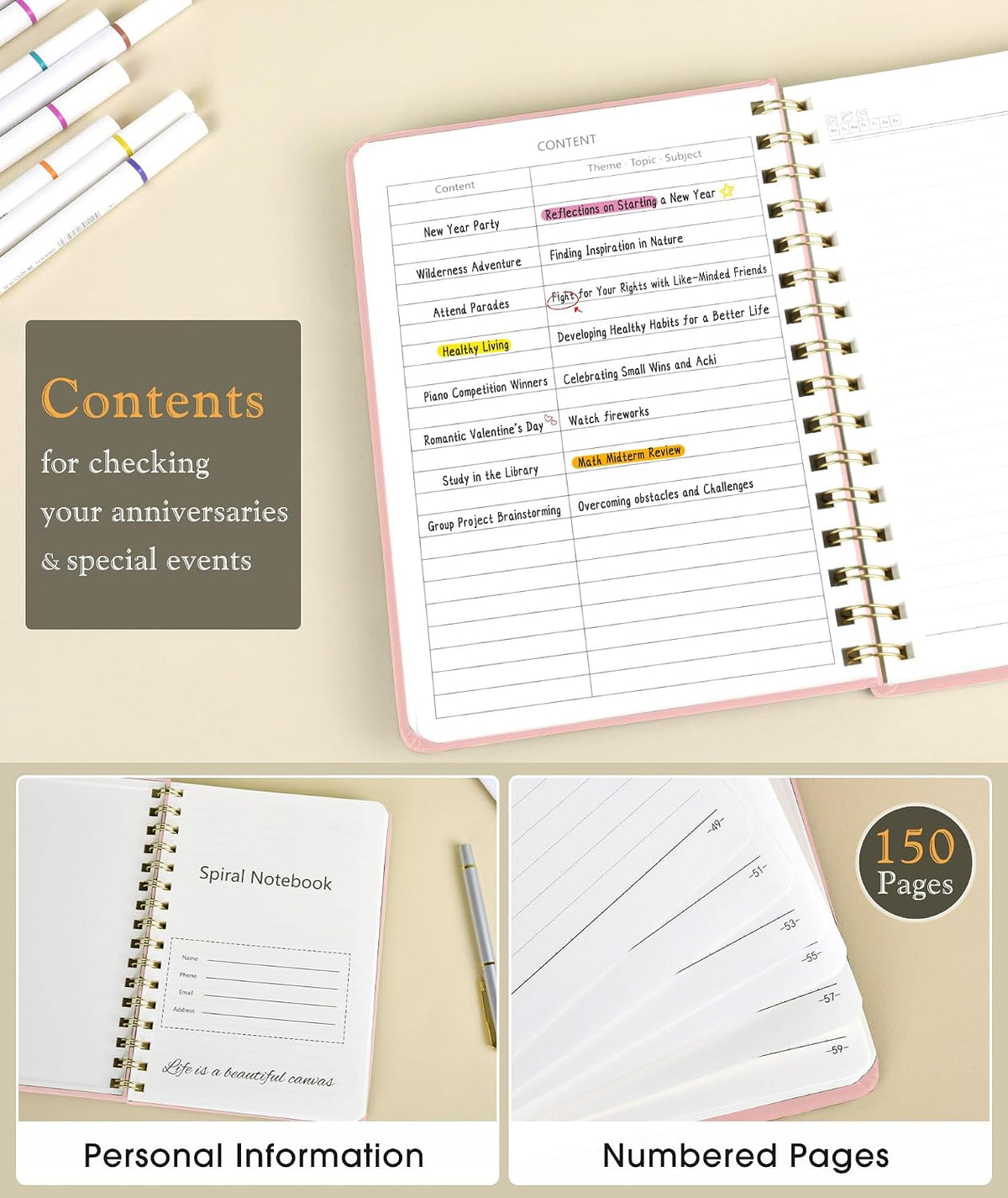 Lined Spiral Journal Notebook for Women, A5 Hardcover Notebooks for Work, 150 Numbered Pages Pink Notebook, 100GSM College Ruled Journals for Writing, Note Taking, 5.75" x 8.38"