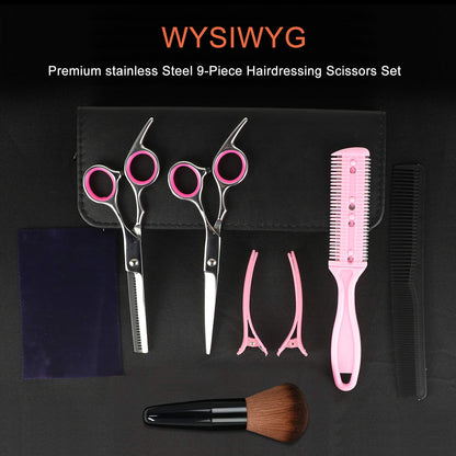 9 PCS Hair Cutting Scissors Thinning Shears Kit, Professional Haircut Scissors Set, Barber Hairdressing Texturizing Shears Tools for Salon Home Men Women Kids Adults Pet
