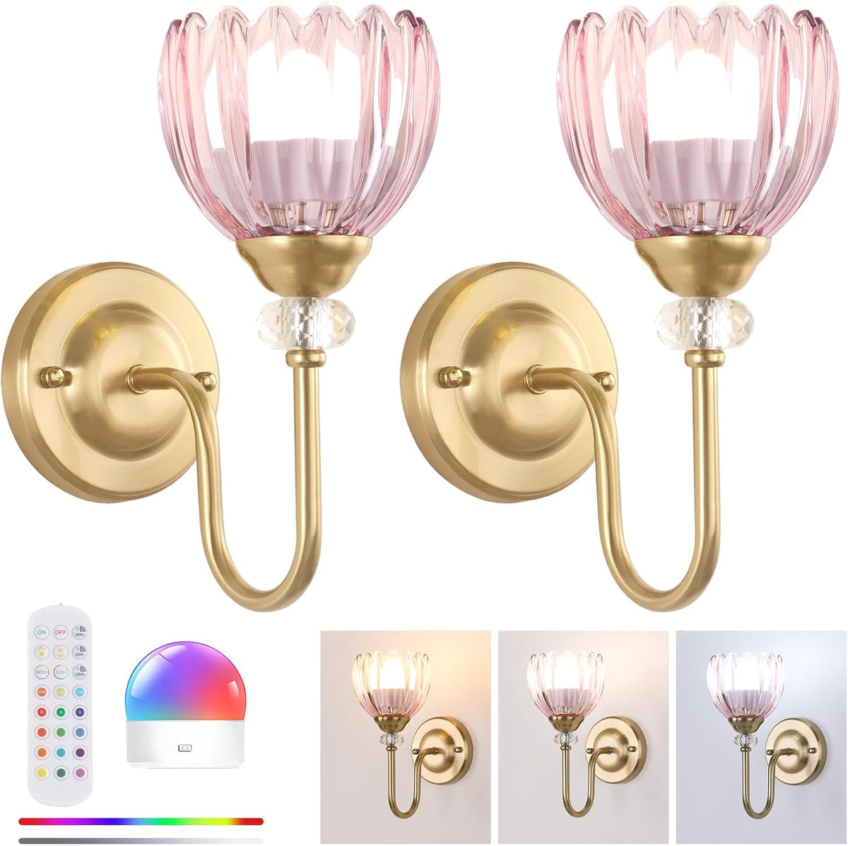 Set of 2 Vintage Battery Operated Wall Sconce, Rechargeable Wall Lamp with 5000mAh Battery & Remote Control, Dimmable Wall Lights with tulip shade for Bedroom Bathroom Living Room, (Tulip Pink Up)