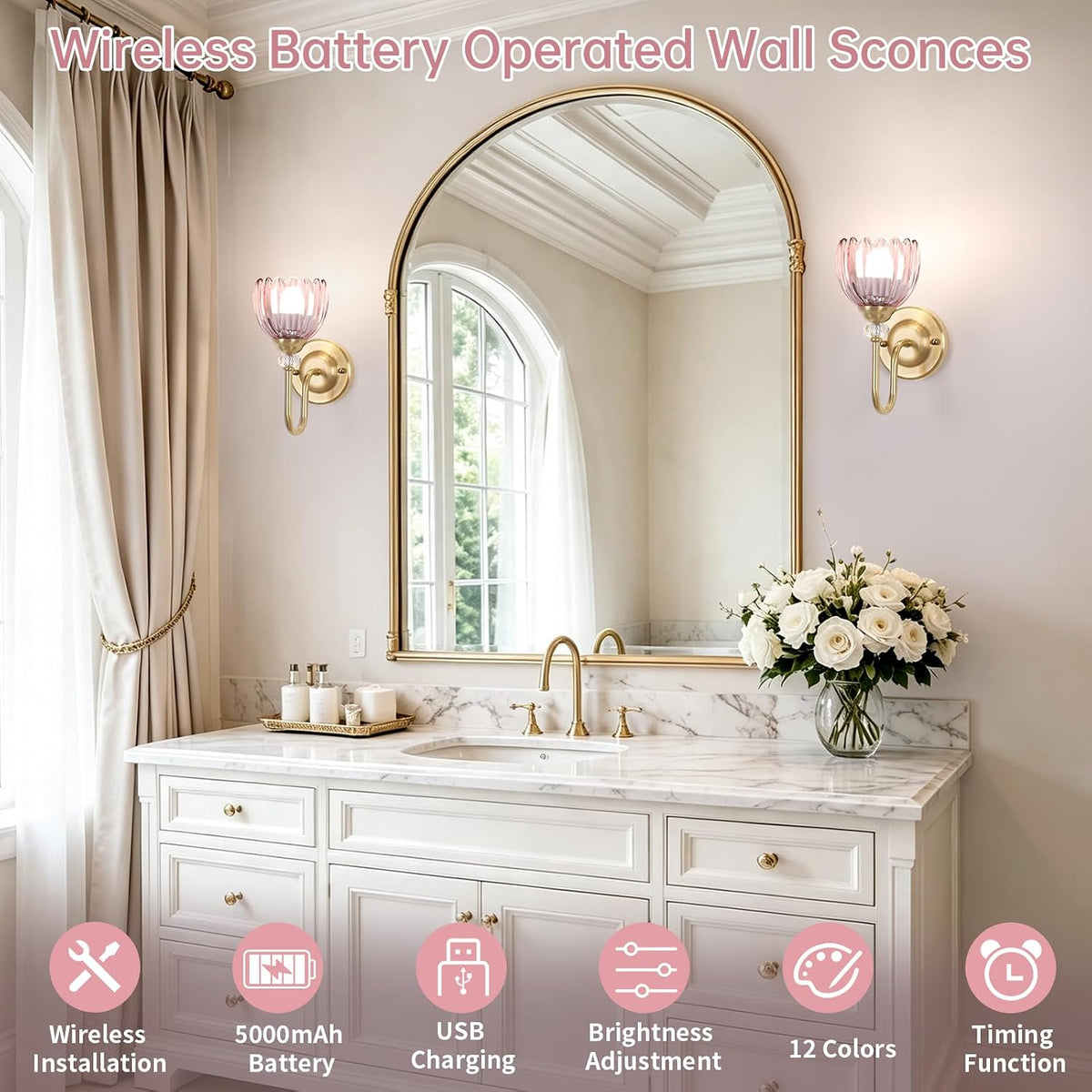 Set of 2 Vintage Battery Operated Wall Sconce, Rechargeable Wall Lamp with 5000mAh Battery & Remote Control, Dimmable Wall Lights with tulip shade for Bedroom Bathroom Living Room, (Tulip Pink Up)
