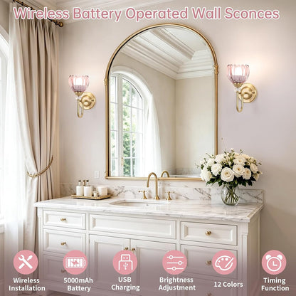 Set of 2 Vintage Battery Operated Wall Sconce, Rechargeable Wall Lamp with 5000mAh Battery & Remote Control, Dimmable Wall Lights with tulip shade for Bedroom Bathroom Living Room, (Tulip Pink Up)