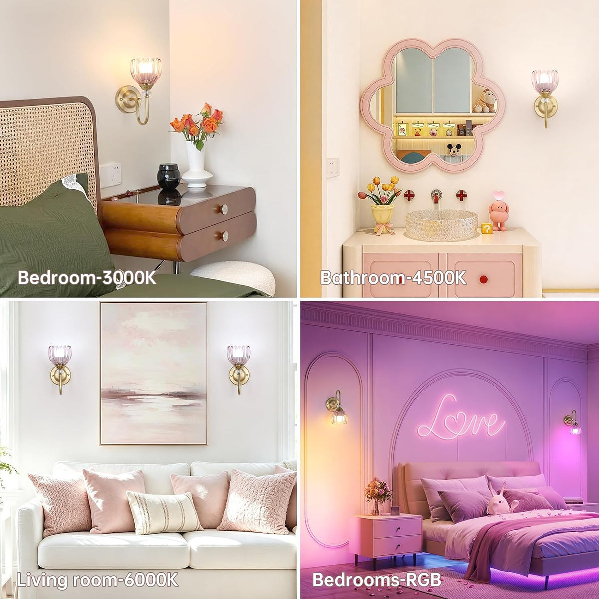 Set of 2 Vintage Battery Operated Wall Sconce, Rechargeable Wall Lamp with 5000mAh Battery & Remote Control, Dimmable Wall Lights with tulip shade for Bedroom Bathroom Living Room, (Tulip Pink Up)