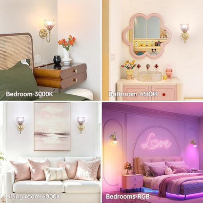 Set of 2 Vintage Battery Operated Wall Sconce, Rechargeable Wall Lamp with 5000mAh Battery & Remote Control, Dimmable Wall Lights with tulip shade for Bedroom Bathroom Living Room, (Tulip Pink Up)