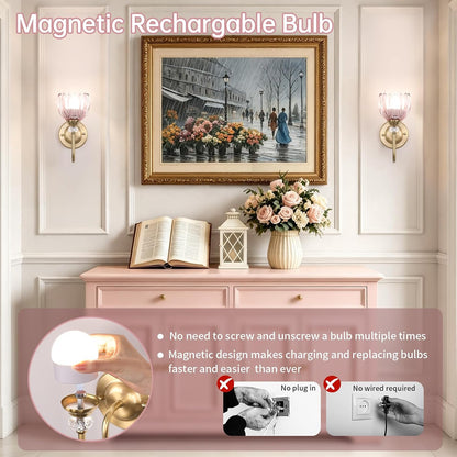 Set of 2 Vintage Battery Operated Wall Sconce, Rechargeable Wall Lamp with 5000mAh Battery & Remote Control, Dimmable Wall Lights with tulip shade for Bedroom Bathroom Living Room, (Tulip Pink Up)