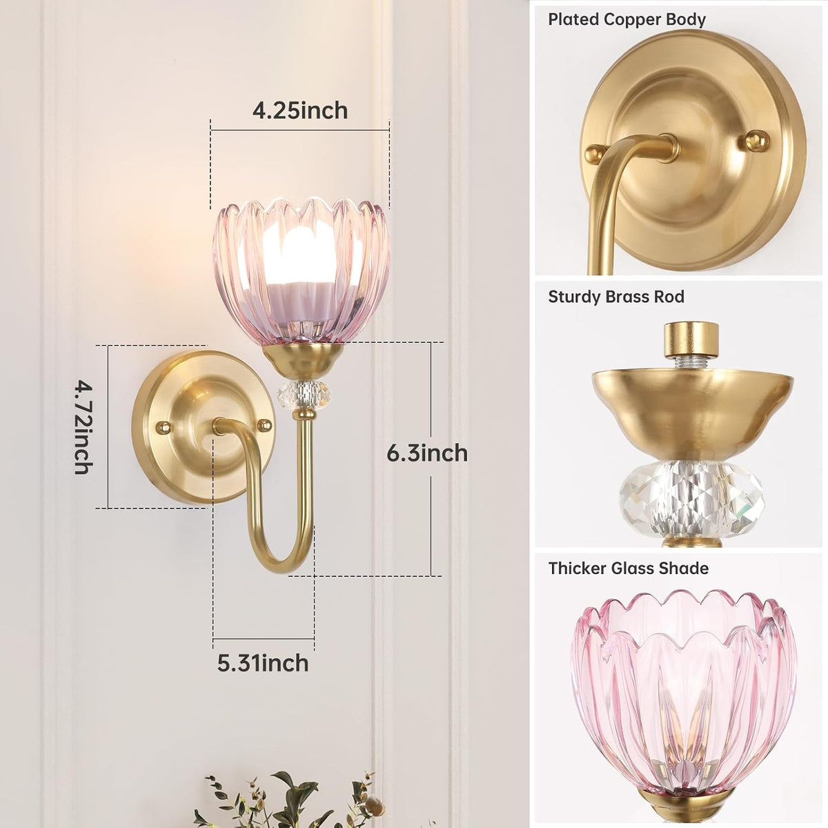 Set of 2 Vintage Battery Operated Wall Sconce, Rechargeable Wall Lamp with 5000mAh Battery & Remote Control, Dimmable Wall Lights with tulip shade for Bedroom Bathroom Living Room, (Tulip Pink Up)