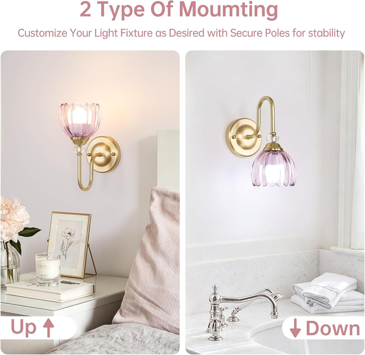 Set of 2 Vintage Battery Operated Wall Sconce, Rechargeable Wall Lamp with 5000mAh Battery & Remote Control, Dimmable Wall Lights with tulip shade for Bedroom Bathroom Living Room, (Tulip Pink Up)