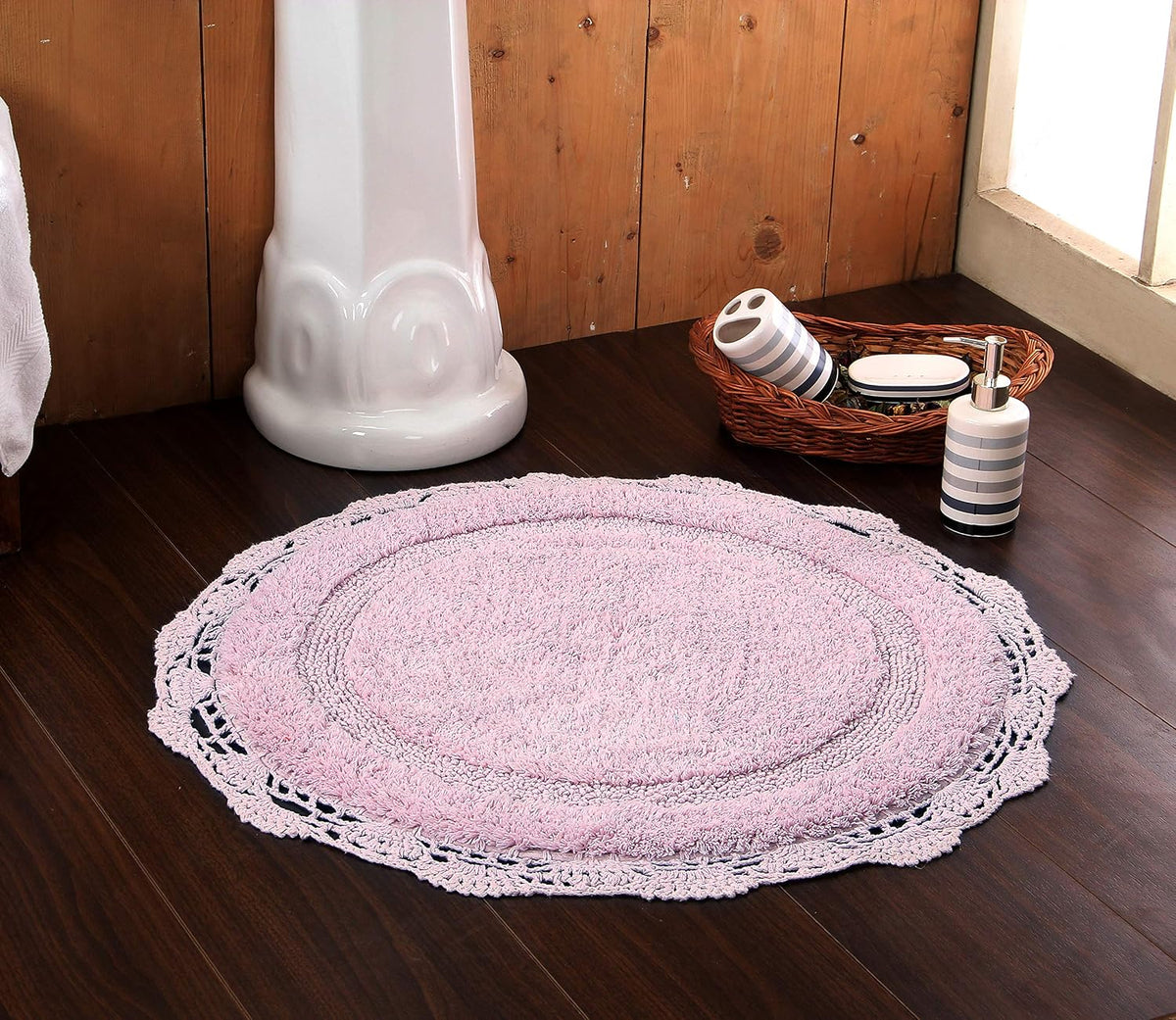 Crochet Collection - Designer, Plush 100% Cotton Round, Oval Bath Area Rug (28 inches, Pink)