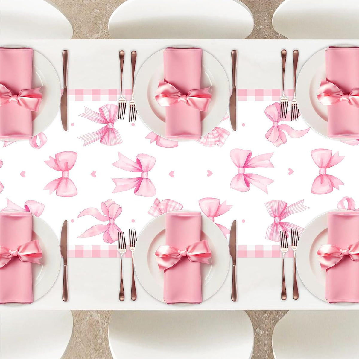 Pink Bow Theme Table Runner, Pink Linen Fabric Table Runner for Everyday Use 72 x 13 Inches, Washable Table Cover for Indoor Outdoor Kitchen Dining Table Home Decor