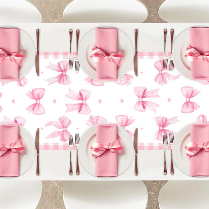 Pink Bow Theme Table Runner, Pink Linen Fabric Table Runner for Everyday Use 72 x 13 Inches, Washable Table Cover for Indoor Outdoor Kitchen Dining Table Home Decor