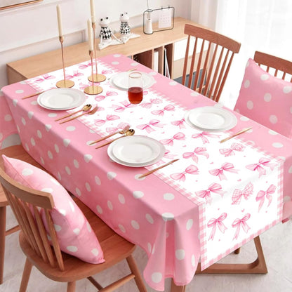 Pink Bow Theme Table Runner, Pink Linen Fabric Table Runner for Everyday Use 72 x 13 Inches, Washable Table Cover for Indoor Outdoor Kitchen Dining Table Home Decor