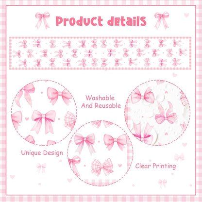 Pink Bow Theme Table Runner, Pink Linen Fabric Table Runner for Everyday Use 72 x 13 Inches, Washable Table Cover for Indoor Outdoor Kitchen Dining Table Home Decor