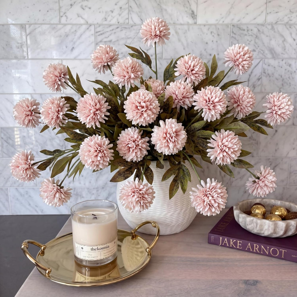 8 Pcs Faux Silk Pom Pom Mum Artificial Flowers, Gray Pink